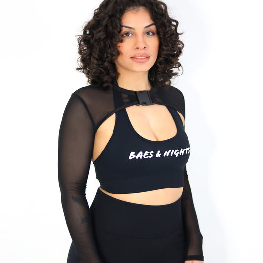 Sheer Mesh Long Sleeve Shrug, Front Clip Arm Cover Up, Sexy Workout Outfit (SMALL)